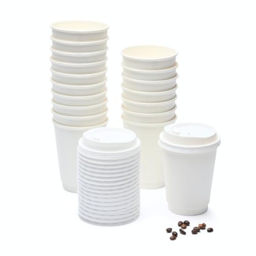 London Coffee Cups 12oz (340ml) Disposable White Paper Coffee Cups with Lids, Double Wall Takeaway Coffee Cups, Sturdy & Leak Proof Disposable Cup, Perfect for Hot/Cold Drinks, Party Drinks (50)