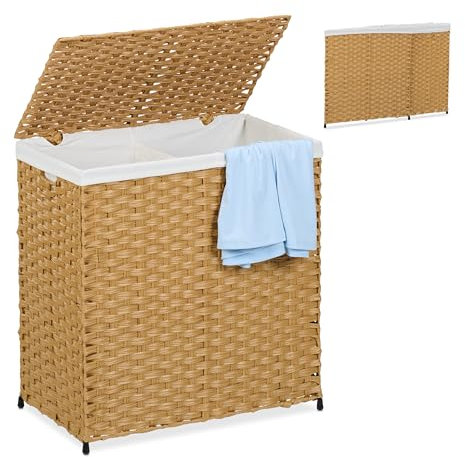 Relaxdays Wäschekorb mit Deckel, Rattan-Optik, Wäschesack 110 L, HBT: 60x58x34 cm, Wäschesortierer 2 Fächer, braun/beige