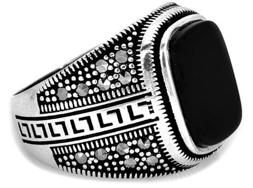 Sapphir Herren Massiver Siegelring Onyx Stein Schwarz - 925 Silber Herrenring Rechteck Silberring Männer Geschenkidee - Griechischen Ornament - Ringgröße 65 - Handwerkskunst - inkl Zwei Luxusgeschenke