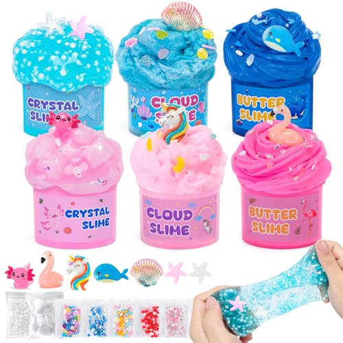Kazzley Slime Kit 6 Scatole con 3 Texture - Fluffy Slime, Butter Slime e Slime Trasparente, Kit Slime per Bambini con Unicorn Axolotl Ornamentale, Festa Regalo di Compleanno per Ragazze Ragazzi