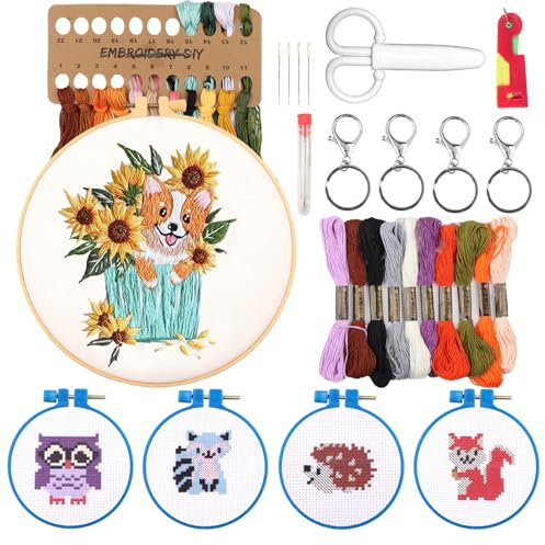 RtottiM Stickset für Anfänger, Kreuzstich Set, Kreuzstich Anfänger Set mit Stickrahmen und Schlüsselanhänger, DIY Handwerk Dekorationen