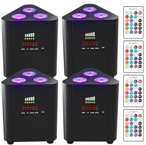 ZonQoonz Akku RGBW 3 LED par mit Fernbedienung, 4400mA Wiederaufladbarer DMX LED Par Scheinwerfer Uplight mit Leistungsanzeige (4 Stücke)