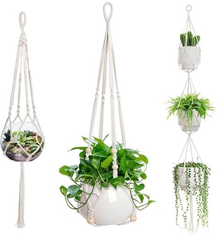 MUETKNYE 3 PCS Macrame Plant Hanger Indoor Hanging Planter Basket with Wood Beads Plants Holder Decorative Flower Pot Holder (POTS NOT Included) (Ivory White)