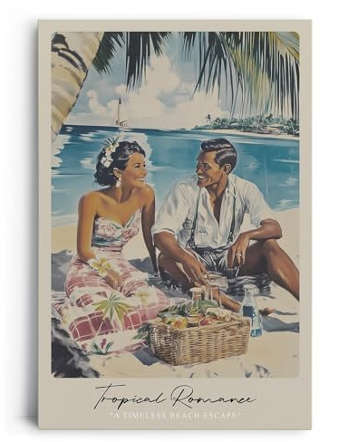 Paul Sinus Leinwandbild 40x60cm Leinwandbild Tropical Romance Retro Strand Nostalgie Sommer Liebe exotische Idylle stilvolle Kunst tropische Ästhetik