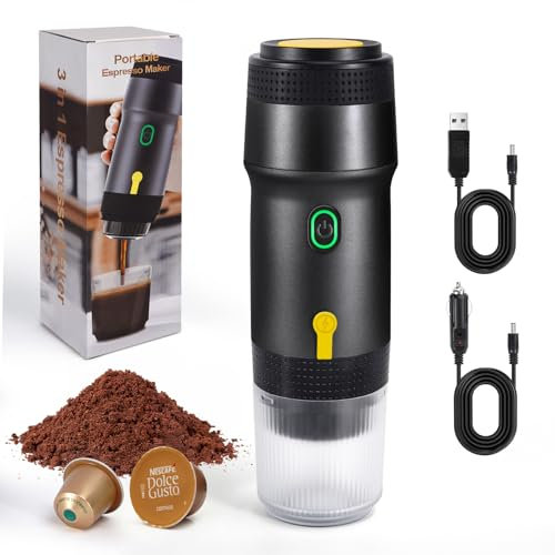 LAMA Elektrische Espressomaschine Kapselmaschine Tragbare Mini Kaffeemaschine, Kompatible mit Kaffeekapseln/Kaffeepulver Sofortiges Aufwärmen für Auto Outdoor, Schwarz