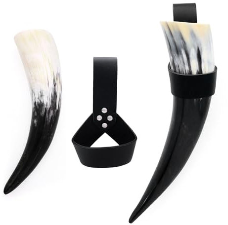 Lot de 2 tasses Vikinges en forme de corne à boire avec étuis en cuir - Tasse à bière médiévale de la Renaissance - Costume d'Halloween et cosplay - Corne à boire avec étuis en cuir