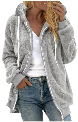 Damen Fleecejacke Warme Bequem Winterjacke Stylisch Funktional Winter Warm Lose Plüsch Zip Hooded Jacke Einfarbig Plüschjacke Elegant Teddyjacke Lässig Tolle Steppjacke Plüschmantel Übergangsjacke