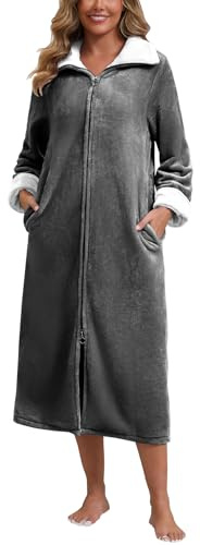 Rubehoow Damen-Bademantel aus Fleece, weich, warm, Hausmantel, Plüsch, Flanell, Reißverschluss, Bademantel mit Taschen für den Winter