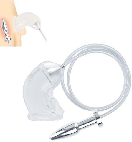 Ruikan 2 in 1 Silikon Penishülle mit Edelstahl Hohler Analplug Urinal Piss Trichter Analdusche Bondage Set Einlauf Buttplug SM Urethra Keuschheitskäfig Sexspielzeug für Männer Paare