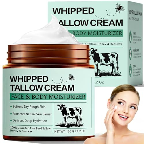 120g Beef Tallow Creme - Whipped Tallow Rindertalg Creme für Gesicht & Körper, Beef Tallow Skincare mit Honig & Bienenwachs, Feuchtigkeitscreme Bodycremes für Alle Hauttypen