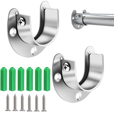 2 Pack Stainless Steel Wardrobe Rail Bracket, U-Shaped Rod Holder for Closet Rods & Shower Curtain End Support Sockets (25mm)
