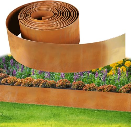 Rasenkante Metall Beeteinfassung,10m × 15cm, Rasenkante aus verzinktem Eisen mit Cortenoptik, Einfache Montage, Robustes Stay-in-Place Design,für Beeteinfassung Mähkante Palisade Gartenbeet,Rostoptik