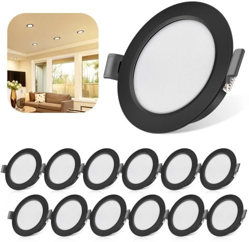 LED Spots 230V 5W IP44, 12er Set LED Einbaustrahler Flach 3000K Warmweiß | 450lm Schwarz Deckenspot Einbauleuchten 68-80mm EinbauØ, Deckenstrahler Einbautiefe 25mm für Badezimmer Wohnzimmer Küche