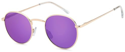 styleBREAKER Lunettes de soleil unisexes en forme de panto avec verres ronds plats et branches en métal avec charnière à ressort, monture complète 09020077, Monture dorée/Verre violet miroitant
