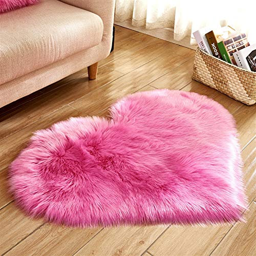 Liveinu Shaggy Tapis en Imitation Peau De Mouton Laine Zone Forme De Coeur Tapis en Fausse Fourrure Décoration de Coussin Siège pour Chambre à Coucher Salon 30x40cm Rouge Rose