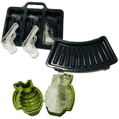(3 Pack) Ice Cube Mold Set, 3D Silicone & Plastic Weapon Series for Ice Ball, Cake & Chocolate Maker, Contains Silicone Grenade Mould and Plastic Bullet Mould