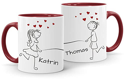 SpecialMe® Kaffee-Tasse mit Namen Liebes-Paar Strichmännchen Motiv personalisierbar Liebesgeschenke Valentinstag Weihnachten (1 Tasse) Variante 3 inner-bordeaux Keramik-Tasse