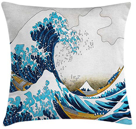 ABAKUHAUS Hokusai Kissenbezug, Oceanic Welle von Kanagawa, Wasser und Schmutz resistent Stoff Digital Druck Für den Innen oder Außen Bereich, 40 x 40 cm, Aqua Weiß