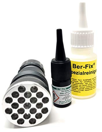 Ber-Fix® Glass Adhesive Transparent Strong Waterproof - 3g UV Glue Gel 2500 mPas, Glass Repair Kit, UV Glue with Lamp Set with UV Torch 21 LED with Special Cleaner