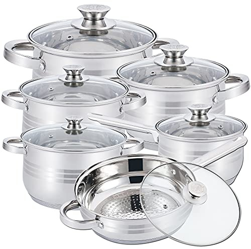 Herzberg Batterie de cuisine - lot de casserole induction - set casserole et poele tous feux - Batterie de Cuisine 12 Pièces en Acier Inoxydable HG1241