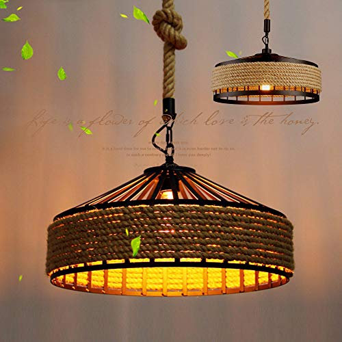 Hängeleuchte Vintage Seilampe Pendelleuchte Deckenleuchte E27 Retro Industrie Hängelampe Eisen Loft Kronleuchter Rustikal Hanfseil Eisen Leuchter Wohnzimmer Runde Hängend Eisen Käfig Pendellamp,50cm
