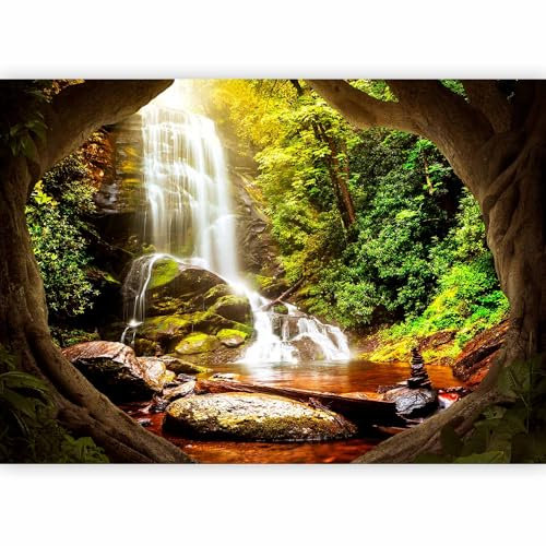 murando - Papier peint panoramique paysage 350x256 cm - Revêtement mural décoration salon - Design moderne - Gris beige vert marron - Des arbres photographie paysage forêt cascade c-C-0450-a-a