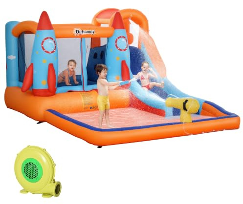 Outsunny Castello Gonfiabile per Bambini 5 in 1 con Scivolo, 350x250x185 cm | Trampolino, Piscina, Parete da Arrampicata, Pistola ad Acqua, Gioco Gonfiabile, per 4 Bambini 3-8 Anni