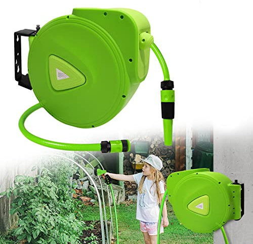 LZQ Schlauchtrommel Gartenschlauch mit Handbrause Schlauchabroller 28m + 2m Schlauch - Schlauchaufroller 3/4 Anschluss Automatischer Schlauchbox 180°schwenkbar für Garten, Bewässerung, Autowäsche