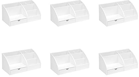 OSCO White Plastic Desk Tidy Pen Pot, 7 Section Organiser with Pull-Out Drawer for Stationery, Cosmetics & Home Office Supplies, H12×W25×D13 cm, 6 Pack
