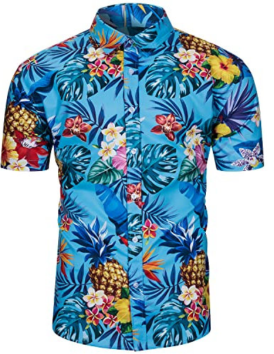 fohemr Funky Hawaiian Shirts for Men Short Sleeve Tropical Button Down Summer Beach Shirts Blue Large