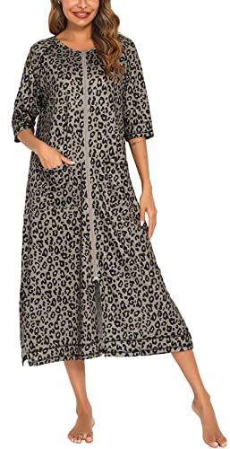 Rubeehoow Zipper Robes for Women Half Sleeve Long Housecoat with Pockets (Leopard,XXL)