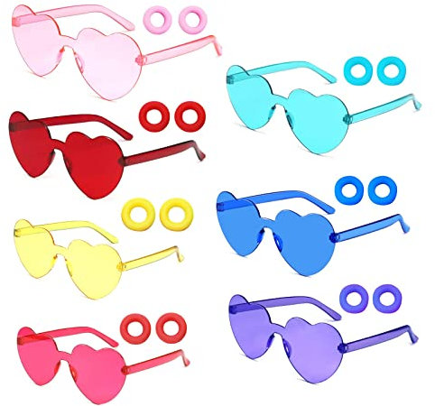 BOZILY 7 Stück Herz Brille Set Herz Sonnenbrille Partybrille Sommer UV Retro Randlos Gläser Brille mit Antirutsch Gläser Ohrhaken für Fasching Geburtstagsfeier Kleid Zubehör Foto Requisiten