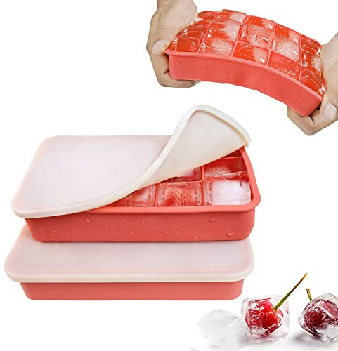 Eiswürfelform Silikon Eiswürfelbehälter mit Deckel 15-Fach 3cm Quadratische Eiswürfel Ice Cube Tray für Whisky, Cocktails Rot, 2 Stück