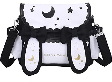 LYEAA Japanische Anime-Schultertasche, Nylon, for Damen, Studenten, Mädchen, Mond, Stern, bedruckt, süße Fliege, Ohren, Umhängetasche, Geschenk, Schwarz