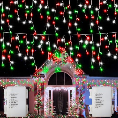 2 Pack Red White Green Christmas Icicle Lights Battery Operated, Total 204 LED Twinkle Icicle Lights 6M Clear Wire with 8 Lighting Modes Timer Function for Outdoor Indoor House Party Decoration