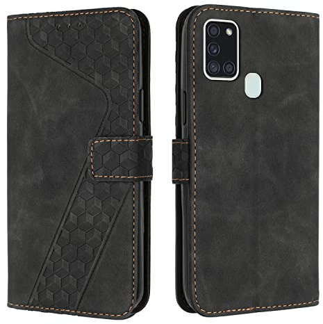 OKZone Kompatibel mit Samsung Galaxy A21S Hülle, Handyhülle Samsung A21S, PU Leder Tasche Wallet Schutzhülle Galaxy A21S, Flip Cover Klappbar Brieftasche Etui mit Magnet TPU Lederhülle (Schwarz)