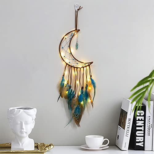 Bohemian Dekoration, Dsaren Led Traumfänger Mädchen Handgefertigt Dreamcatcher Spitze Traumfänger Federn für Gute Träume Wandbehang Auto Raum Mädchen Kreatives Geschenk (Blau)