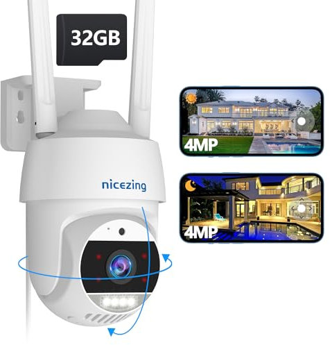 nicezing 4MP QHD Camera Surveillance WiFi Exterieure avec Gratuit Carte 32G, 360° Suivi Automatique IP Camera, Vision Nocturne Couleur 30m, Détection Humaine, Enregistrée 24/7, IP67, Compatible Alexa
