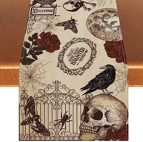 Tischläufer aus Leinen, Retro, Halloween, Gothic, Totenkopf, Tag der Toten, Rosen, Totenkopf, Dekoration, Halloween-Dekorationen und Zubehör für Zuhause, Küche, Tisch, 33 x 183 cm