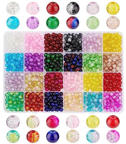 PH PandaHall 1080pcs Crackle Glass Beads, 24 Colors Crystal Bead 6mm Round Loose Beads Colorful Bracelet Bead for Jewellery Making Summer Bracelet Necklaces DIY Craft
