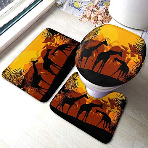 Set 3 Teilig Badvorleger Giraffe Sonnenuntergang Safari Afrika Tier Elefant Malerei Friedlicher Sommer Wild Konturmatte Dekorative Weiche 3-Teiliges Badteppich-Set, Für Badezimmer, Wohnzimmer