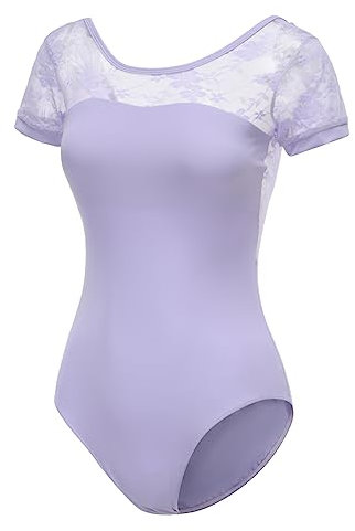 Lanbodance Body da donna a maniche corte per danza e ginnastica, Pizzo lilla, L