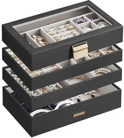 SONGMICS Caja Joyero con 4 Bandejas Apilables, Caja de Joyas Grande, Tapa de Cristal Transparente, 17 x 28 x 18,3 cm, para Cajón de Tocador, Idea de Regalo, Negro JBC164B01