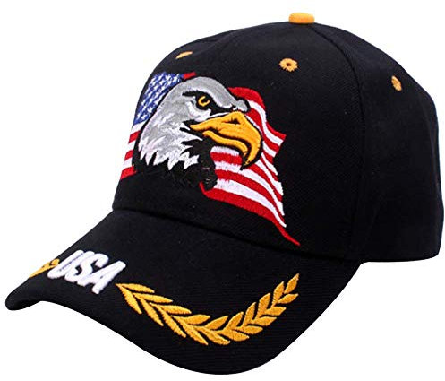 Kangqifen Herren Damen USA Flagge Adler Weizenohr Stickerei Baseball Caps Kappe Mütze mit Klettverschluss(Schwarz)