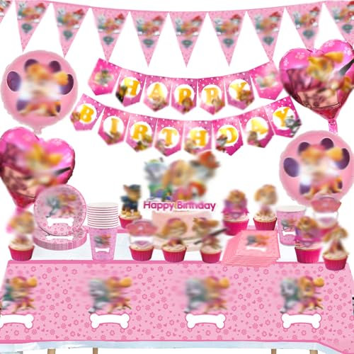 Rosa Partygeschirr Set, 95 Stück Paw Dog Patrol Geburtstag Deko, Geburtstag Geschirr Set, Kindergeburtstag Party Dekoration Becher Servietten Tischdecke Folienballons Set für Jungen Mädchen Kinder