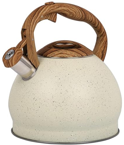 Belle Vous Beige texturierter Pfeifkessel - 3L Teekanne für Herd/Induktionsherd - Edelstahl Wasserkessel Induktion - Teekessel Induktion - Wasserkocher Induktion - Für Tee/Kaffee