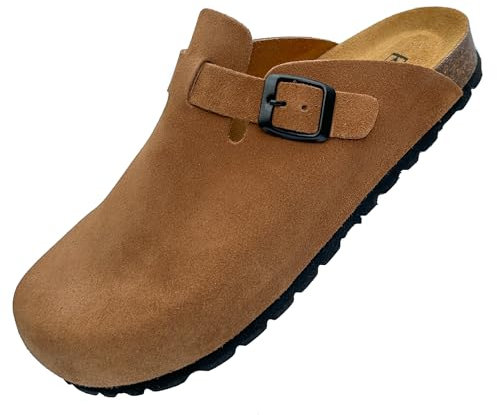GONKOS®, Lederclogs mit Kork-Einlegesohle, Wildleder Clogs, echtes Leder, Naturkork, verstellbare Schnalle am Fuß, Herren-/Damensandalen, Qualitätssandalen, Made in Spain, Farbe Muskat, Größe 44