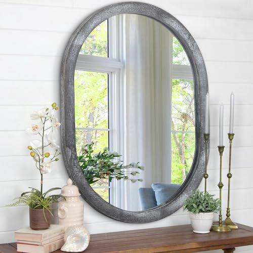 JJUUYOU Großer ovaler Wandspiegel, 45 x 65 cm, rustikaler brauner Spiegel für Badezimmer, hängender Kosmetikspiegel, ovaler Spiegel für Schminktisch, Wohnzimmer, Eingangsbereich, Schlafzimmer,