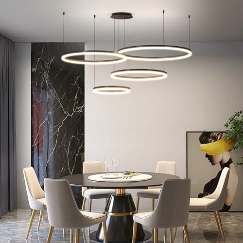 Mikeru Runde Pendelleuchte mit 4 Ringen, 30+40+60+80CM Moderne Wohnzimmerleuchten mit 10%-100% dimmbarer Helligkeit & 3000K/4500K/6000K Farbtemperatur verfügbar, Pendelleuchten für Büro/Halle