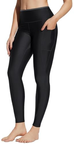 baleaf Damen Schwimmen Leggings mit Reißverschluss Taschen Swim Wetsuit Rash Guard Hose mit Liner Modest Bademode UPF 50+ Schwarz L